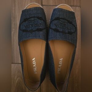 PRADA Denim Slip-On Flats in Dark Blue with Embroidered Logo